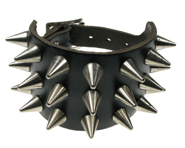 Leather Wristband: 3 Row Small Cone Studs