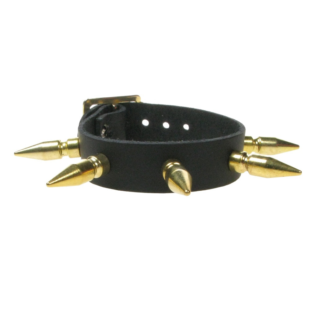 Leather Wristband:  1 Row Medium Gold Spike Studs
