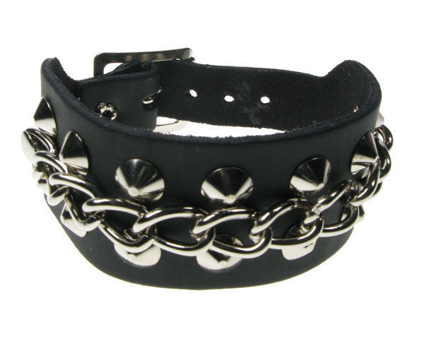 Leather Wristband:  2 Row Conical and Chain