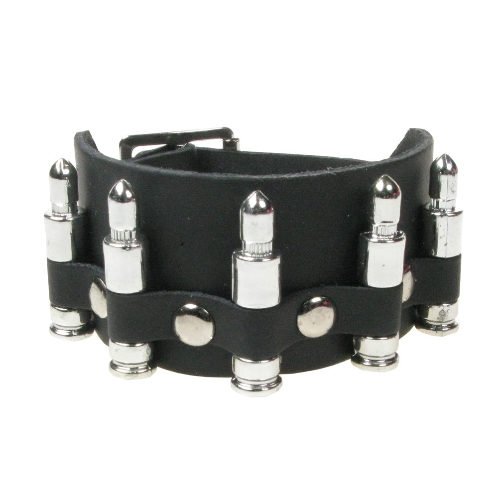Leather Wristband: 2 Row Bullet